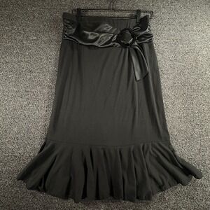 Y2K Vintage L8er Womens Large Black Ruffle Hem Midi Skirt Sash Buckle Detail